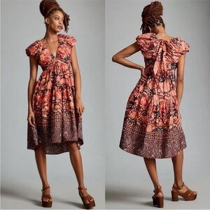 Flutter Sleeve Floral Midi Dress in Rust